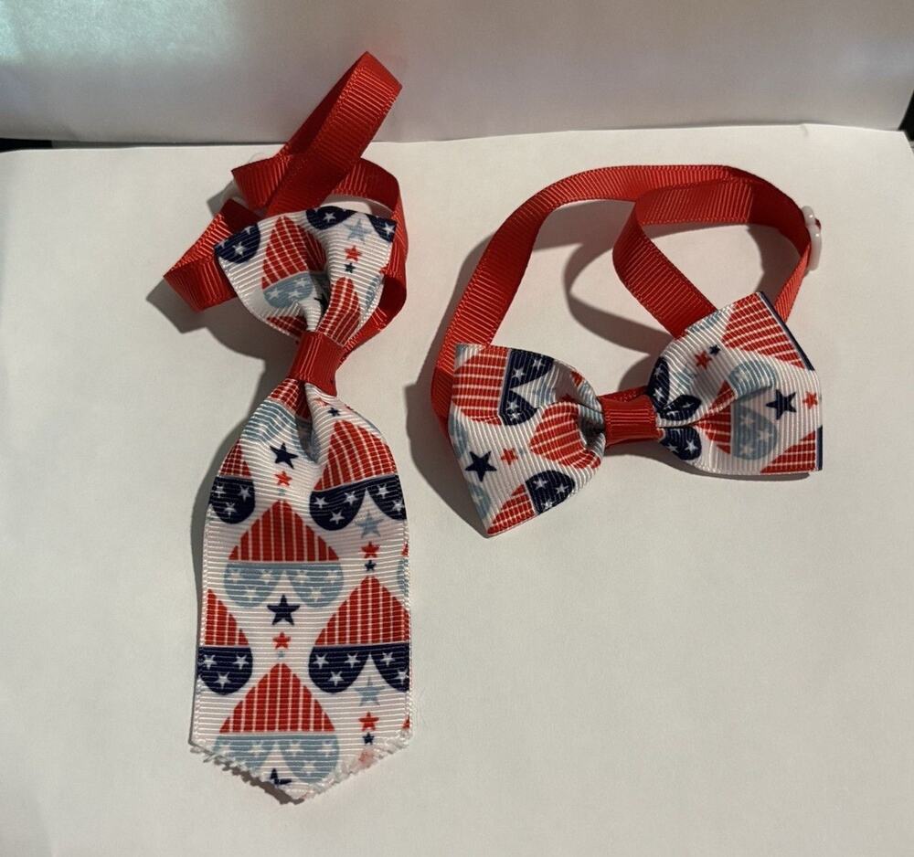 Bow Tie Necktie Set 250th July 4th USA Flag RWB Hearts Dog Cat 7"-14"